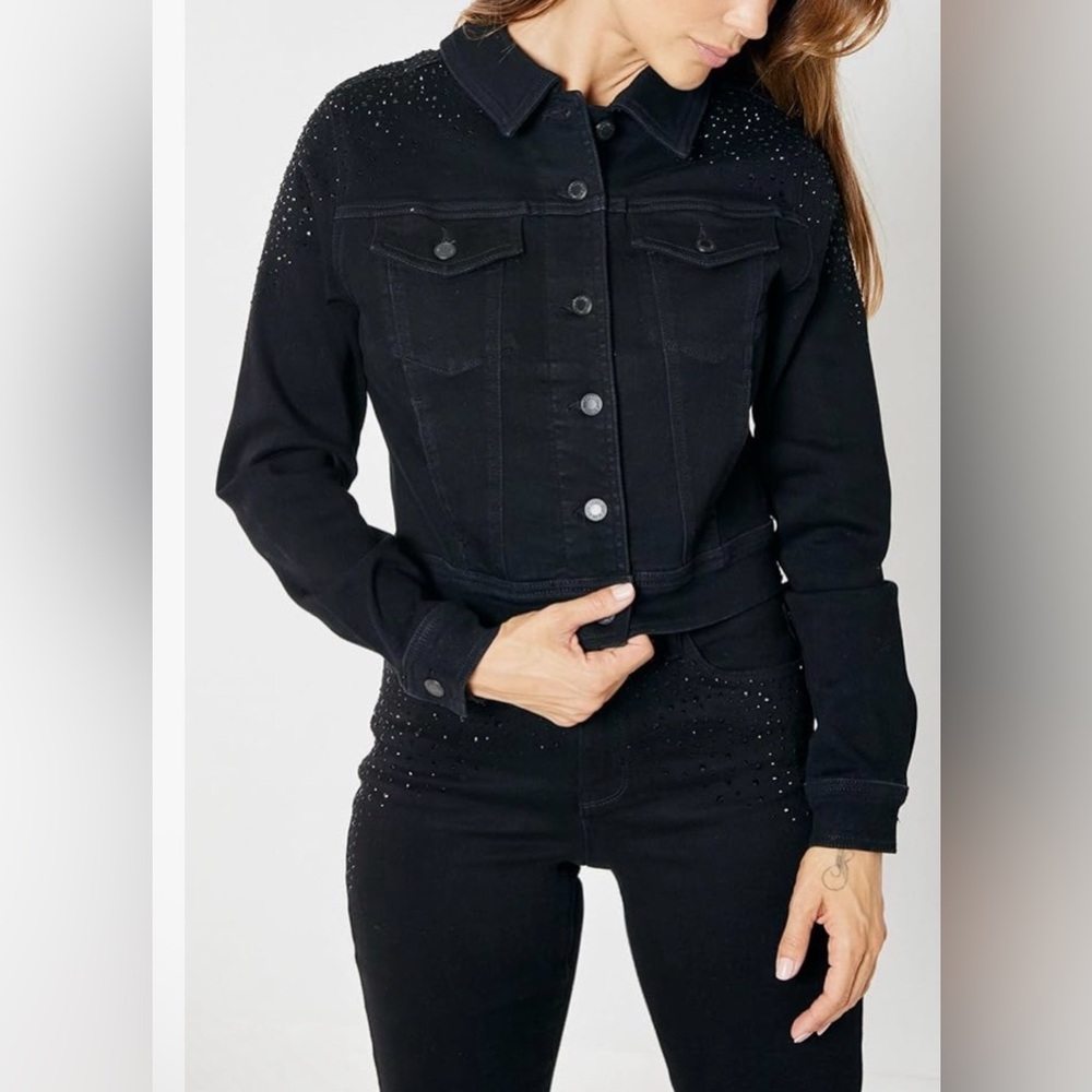 Judy Blue black denim cropped jacket with rhinestones M